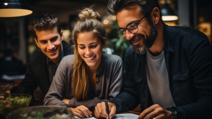 Tres personas sentadas en una mesa, sonriendo y colaborando en un documento. El hombre de la derecha escribe con un bolígrafo, mientras una mujer en el centro y otro hombre a la izquierda observan con entusiasmo. El entorno parece ser un espacio de trabajo informal y moderno.
